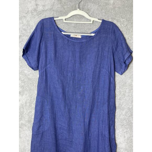 Lands Downunder Italy Linen Dress Small Blue Side Tie Lagenlook Boho Minimalist - Picture 2 of 9